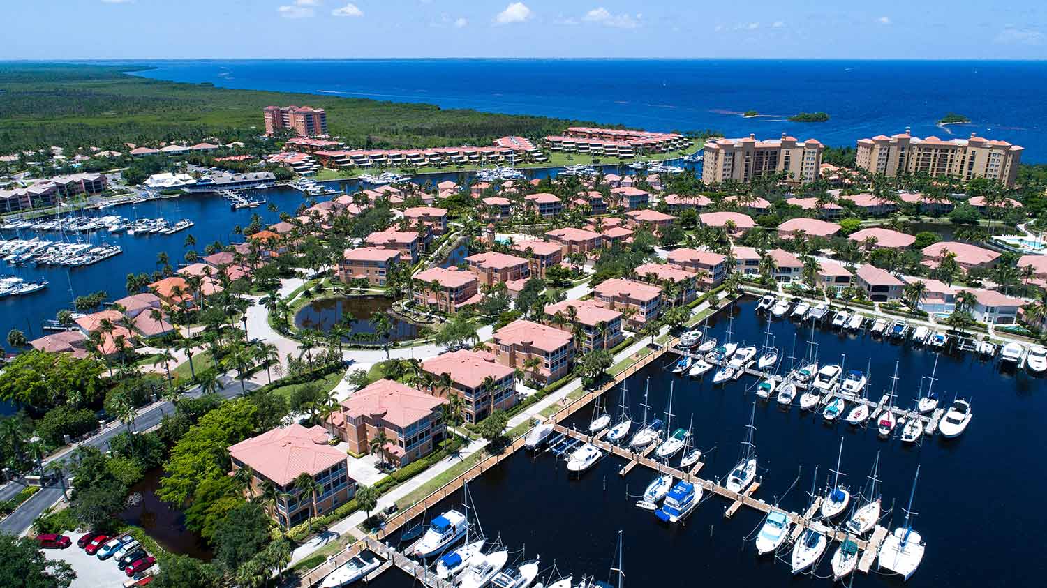 Aerial image of boat dock and residential area